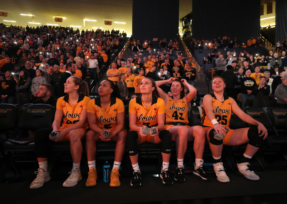 Iowa Hawkeyes guard Kathleen Doyle (22), guard Alexis Sevillian (5), guard Makenzie Meyer (3), forward Amanda Ollinger (43), and forward/center Monika Czinano against the Minnesota Golden Gophers Thursday, February 27, 2020 at Carver-Hawkeye Arena. (Brian Ray/hawkeyesports.com)