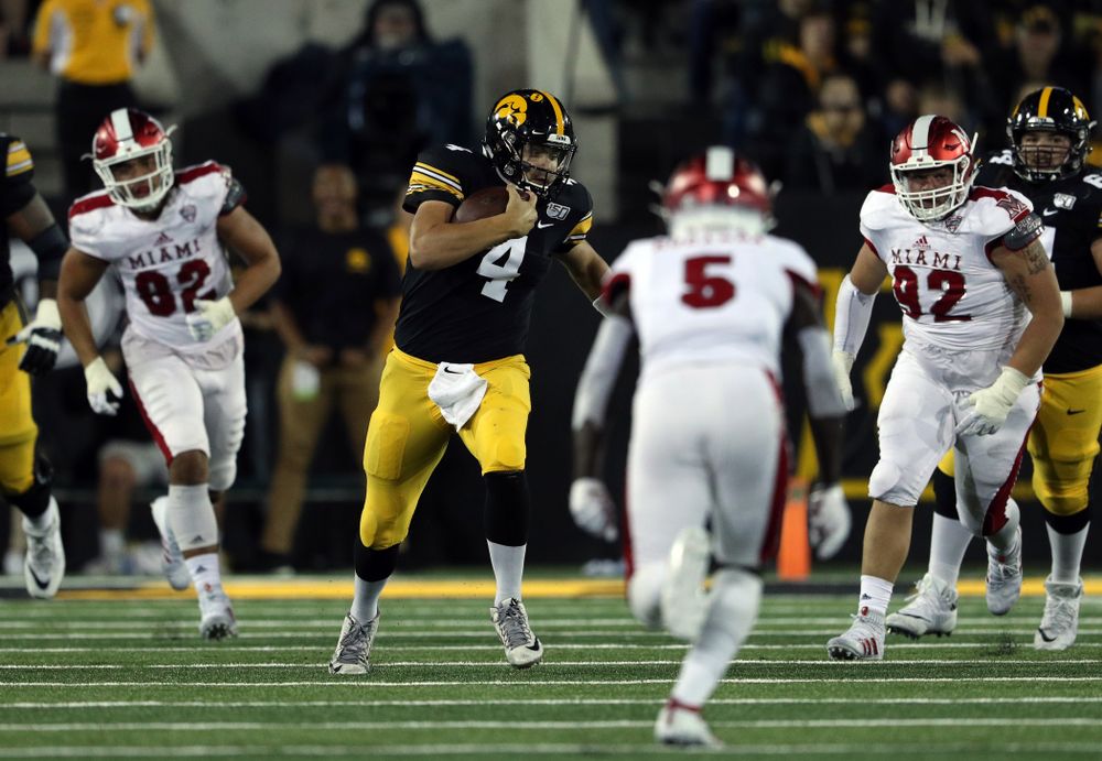 Iowa Hawkeyes quarterback Nate Stanley (4) against the Miami RedHawks Saturday, August 31, 2019 at Kinnick Stadium in Iowa City. (Brian Ray/hawkeyesports.com)