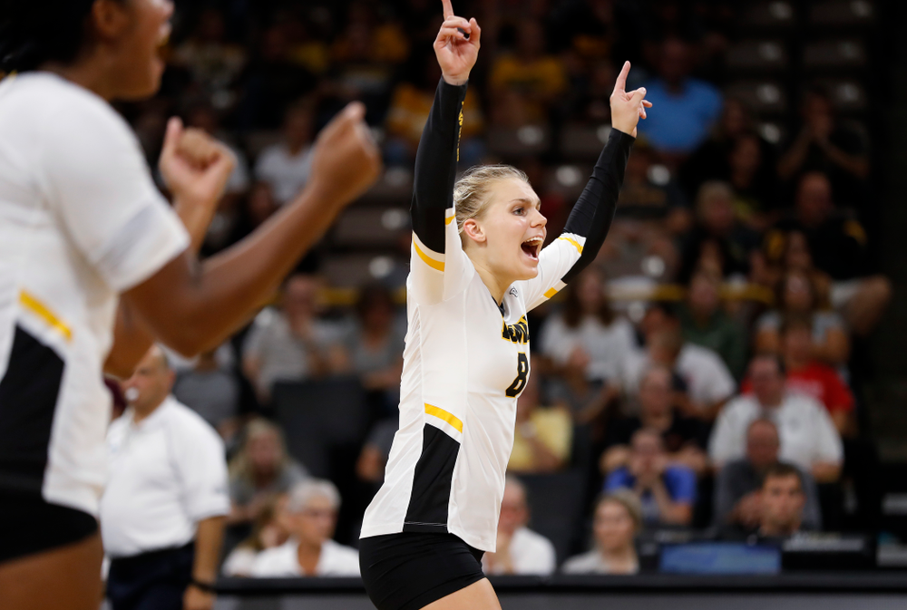 Iowa Hawkeyes right side hitter Reghan Coyle (8) against Eastern Illinois Sunday, September 9, 2018 at Carver-Hawkeye Arena. (Brian Ray/hawkeyesports.com)