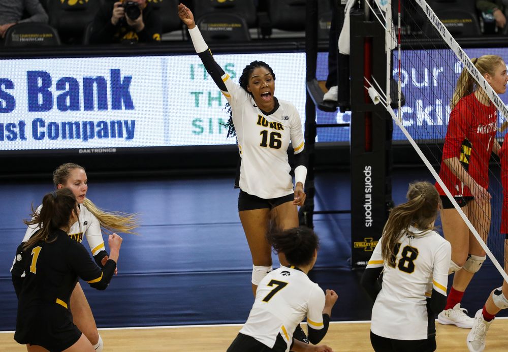 Iowa Hawkeyes outside hitter Taylor Louis (16) celebrates after winning a point during a match against Maryland at Carver-Hawkeye Arena on November 23, 2018. (Tork Mason/hawkeyesports.com)