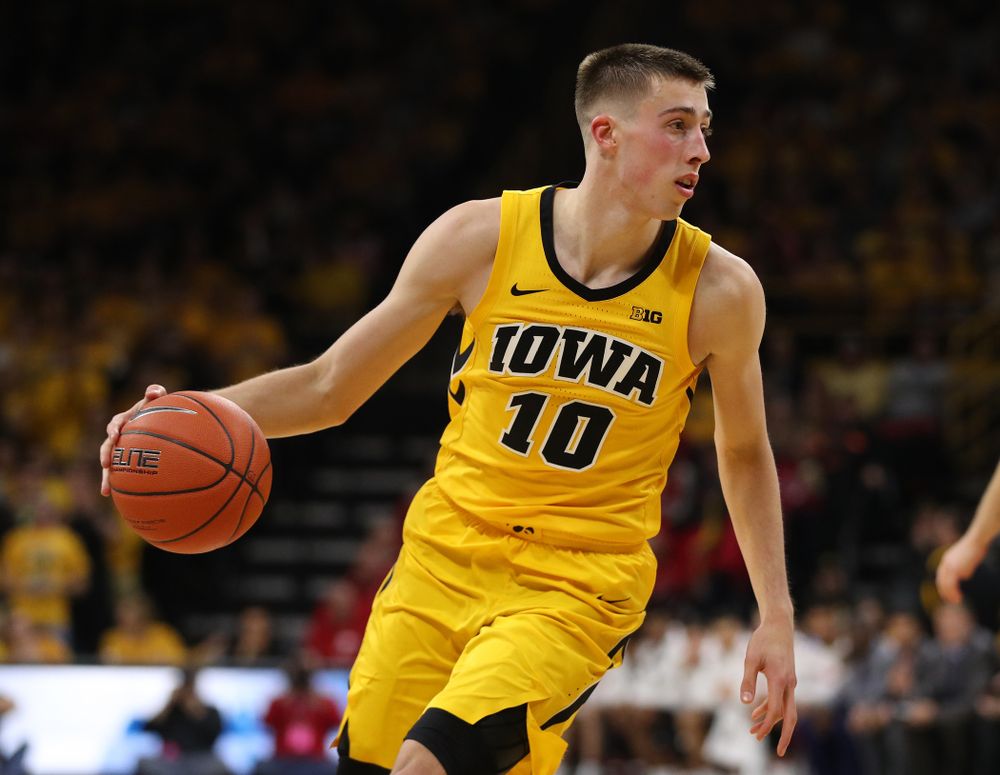 Iowa Hawkeyes guard Joe Wieskamp (10) against the Wisconsin Badgers Friday, November 30, 2018 at Carver-Hawkeye Arena. (Brian Ray/hawkeyesports.com)