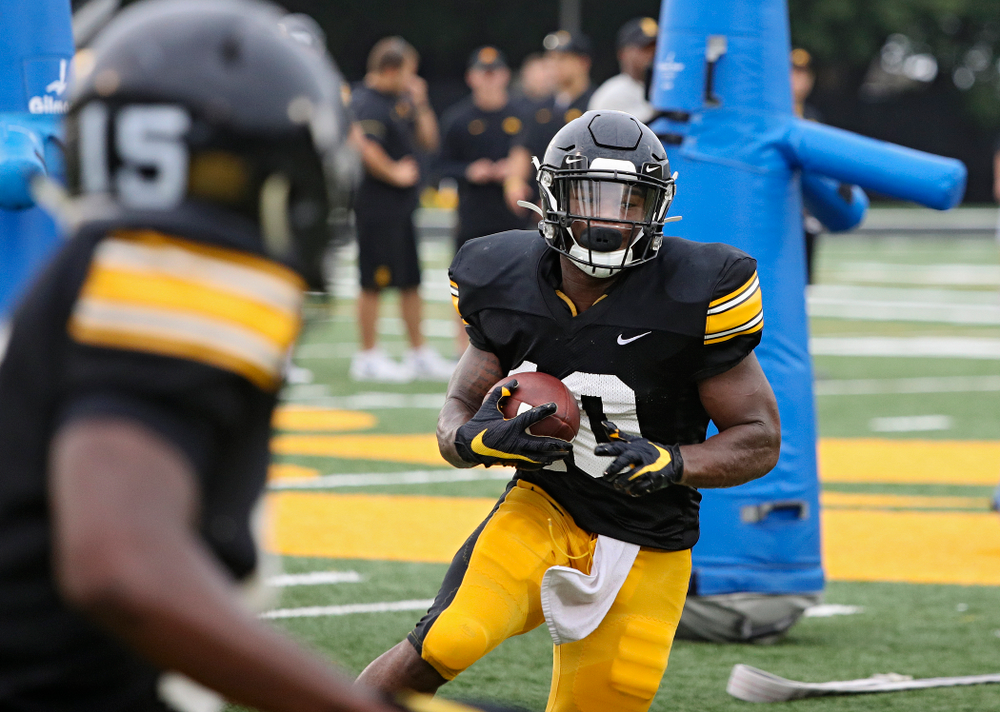 Iowa Hawkeyes running back Mekhi Sargent (10) on a run durning Fall Camp Practice No. 17 at the Hansen Football Performance Center in Iowa City on Wednesday, Aug 21, 2019. (Stephen Mally/hawkeyesports.com)