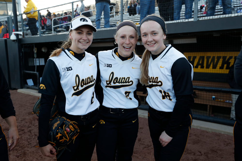 Iowa Hawkeyes infielder Aralee Bogar (2), infielder Sarah Kurtz (9), and catcher Brooke Rozier (16) against Western Illinois Tuesday, April 17, 2018 at Bob Pearl Field. (Brian Ray/hawkeyesports.com)