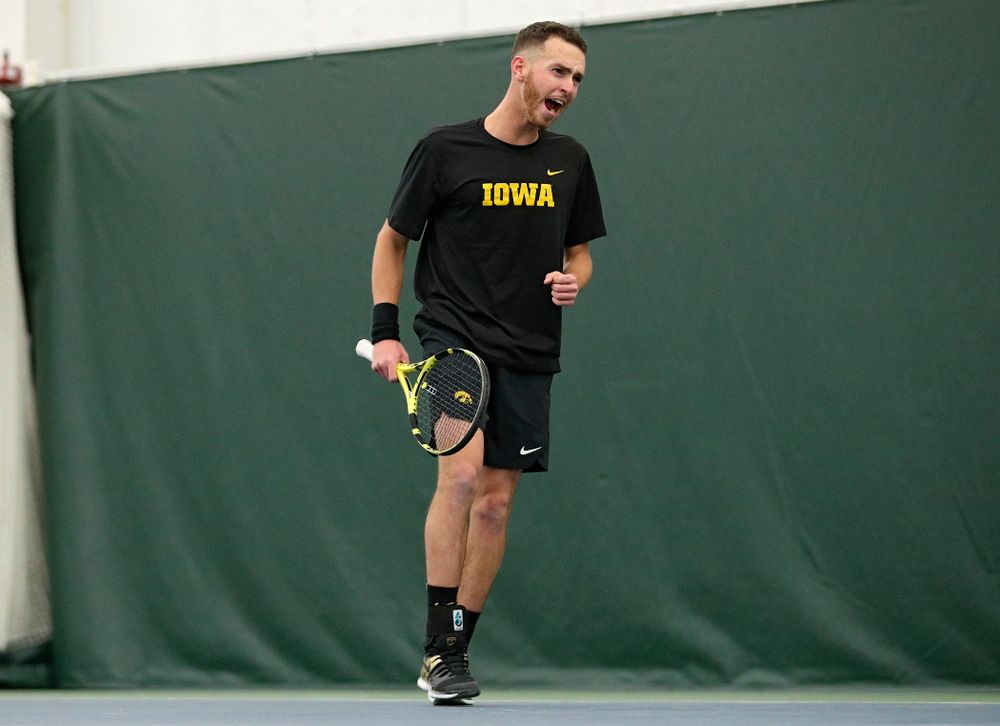 Iowa’s Kareem Allaf celebrates a point during his singles match at the Hawkeye Tennis and Recreation Complex in Iowa City on Friday, February 14, 2020. (Stephen Mally/hawkeyesports.com)