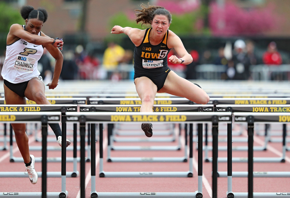 Iowa's Jenny Kimbro runs the women’s 100 meter hurdles event on the second day of the Big Ten Outdoor Track and Field Championships at Francis X. Cretzmeyer Track in Iowa City on Saturday, May. 11, 2019. (Stephen Mally/hawkeyesports.com)