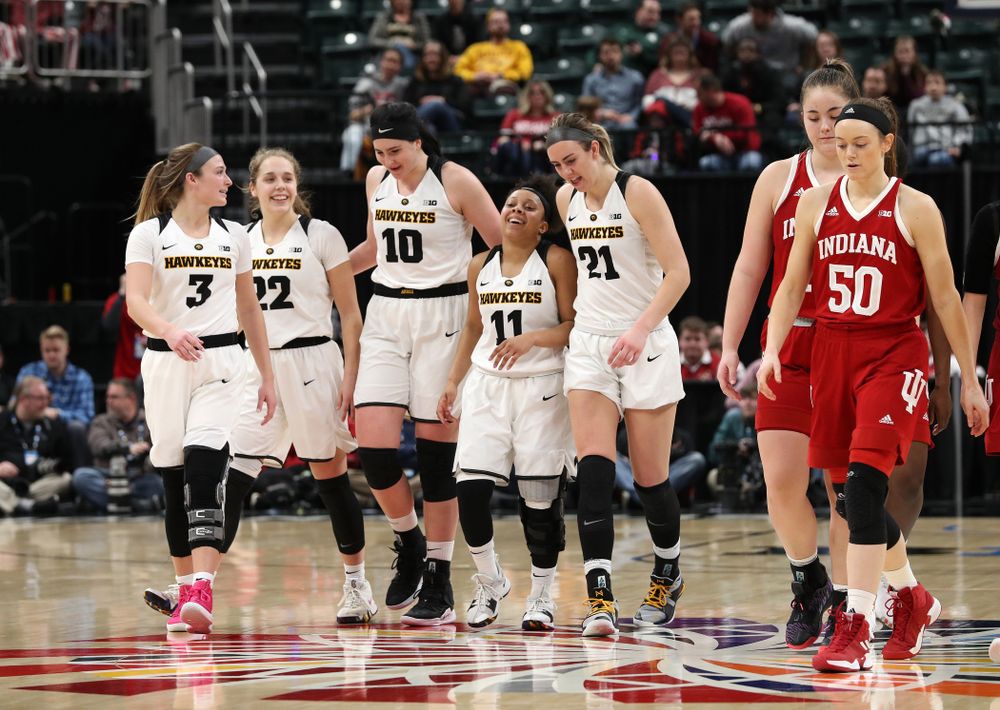 Iowa Hawkeyes guard Makenzie Meyer (3), guard Kathleen Doyle (22), forward Megan Gustafson (10), guard Tania Davis (11), forward Hannah Stewart (21) against the Indiana Hoosiers in the quarterfinals of the Big Ten Tournament Friday, March 8, 2019 at Bankers Life Fieldhouse in Indianapolis, Ind. (Brian Ray/hawkeyesports.com)