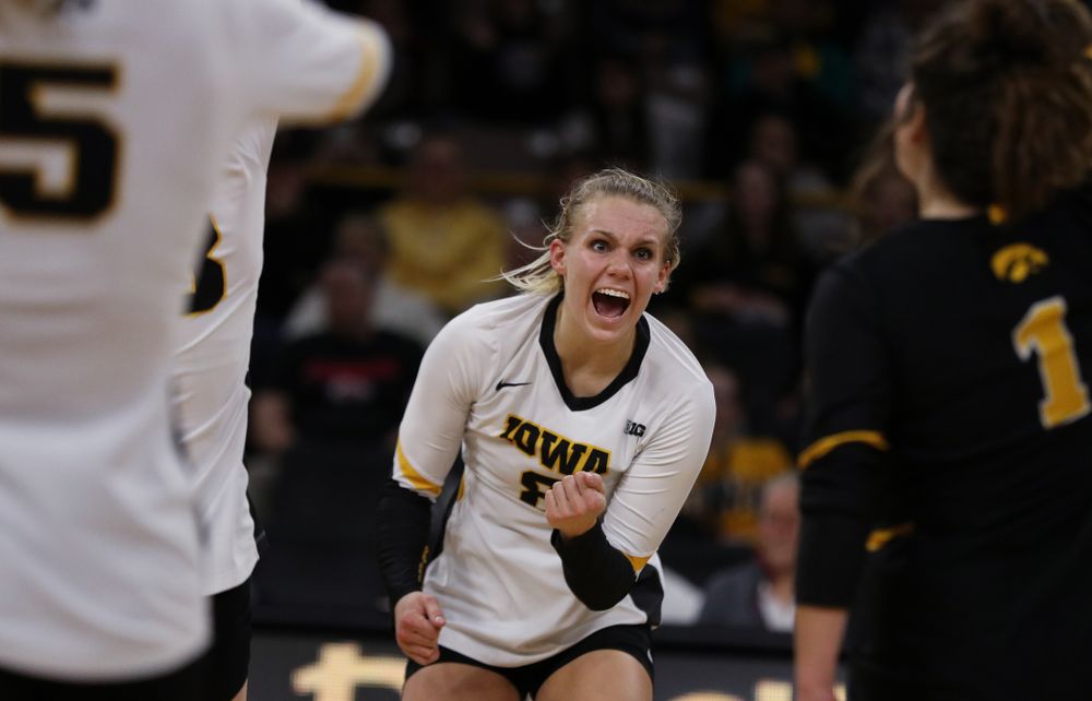 Iowa Hawkeyes right side hitter Reghan Coyle (8) against the Ohio State Buckeyes Saturday, November 24, 2018 at Carver-Hawkeye Arena. (Brian Ray/hawkeyesports.com)