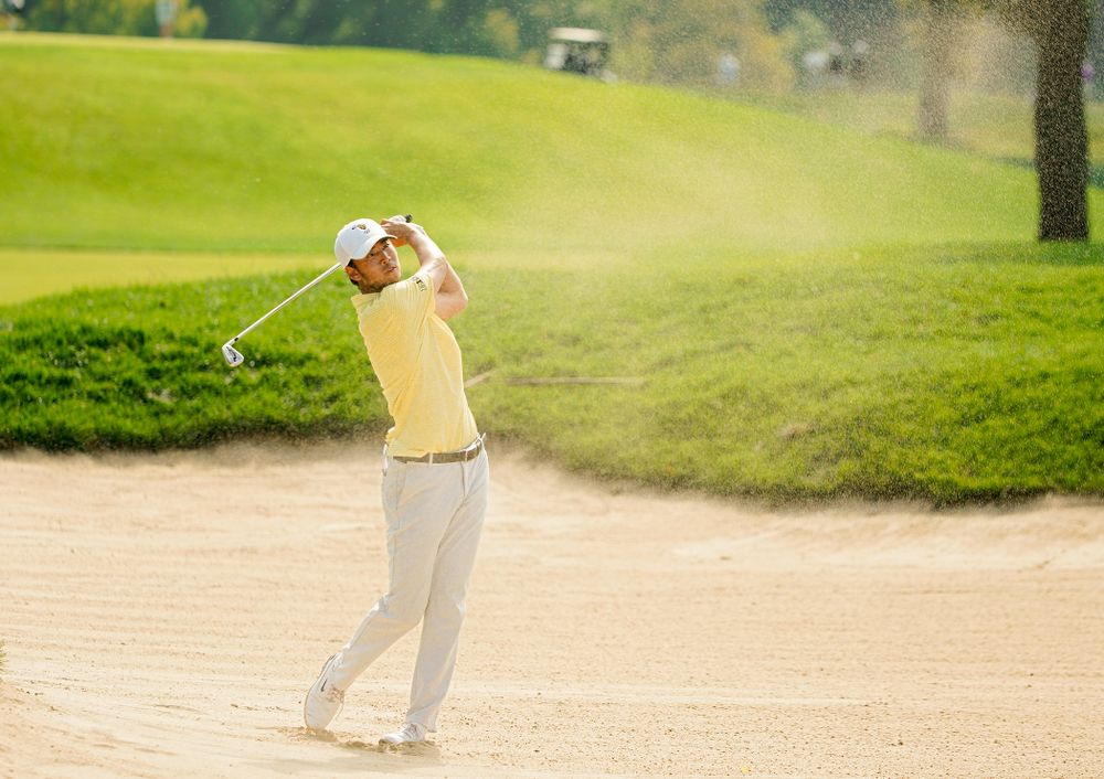 Iowa’s Joe Kim hits from a sand trap during the third day of the Golfweek Conference Challenge at the Cedar Rapids Country Club in Cedar Rapids on Tuesday, Sep 17, 2019. (Stephen Mally/hawkeyesports.com)