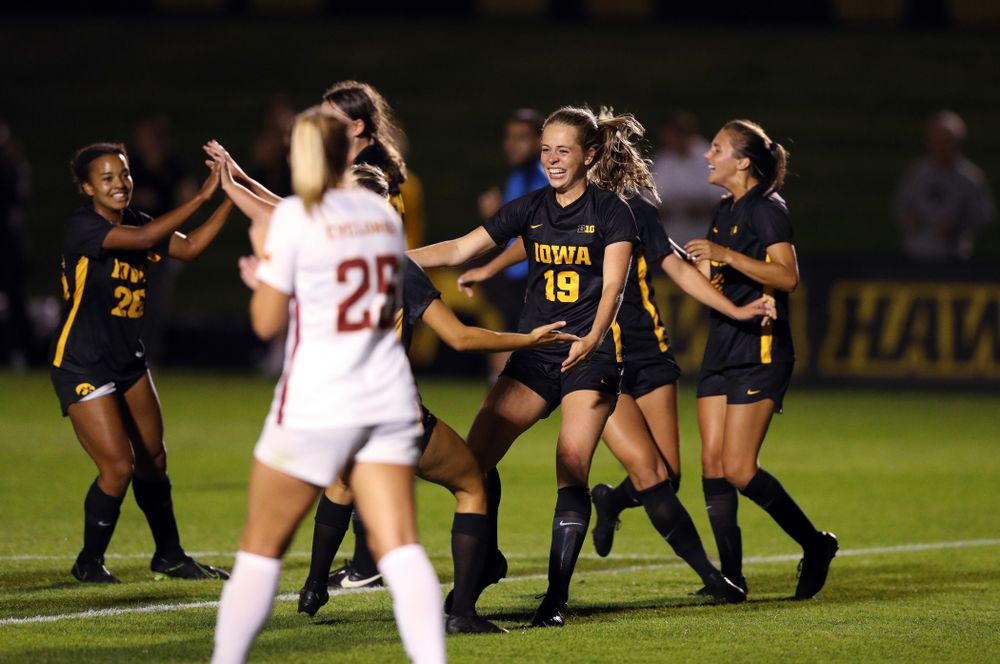 Iowa Hawkeyes forward Jenny Cape (19) celebrates after scoring during a 2-1 victory over the Iowa State Cyclones Thursday, August 29, 2019 in the Iowa Corn Cy-Hawk series at the Iowa Soccer Complex. (Brian Ray/hawkeyesports.com)