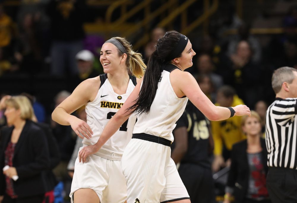 Iowa Hawkeyes forward Megan Gustafson (10) and forward Hannah Stewart (21) against the Purdue Boilermakers Sunday, January 27, 2019 at Carver-Hawkeye Arena. (Brian Ray/hawkeyesports.com)
