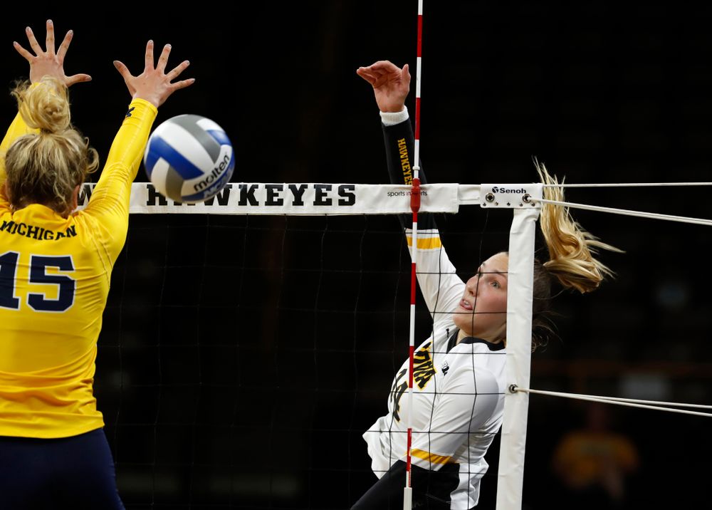Iowa Hawkeyes outside hitter Cali Hoye (14) against the Michigan Wolverines Sunday, September 23, 2018 at Carver-Hawkeye Arena. (Brian Ray/hawkeyesports.com)