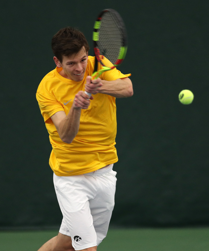 Pitor Smietana against Utah Sunday, February 10, 2019 at the Hawkeye Tennis and Recreation Complex. (Brian Ray/hawkeyesports.com)