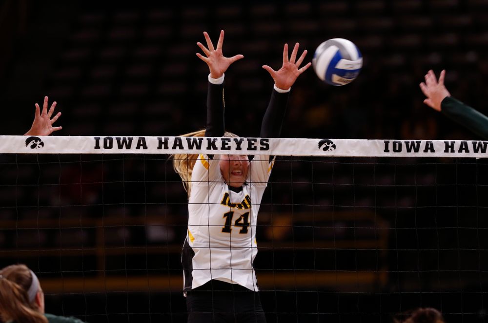 Iowa Hawkeyes outside hitter Cali Hoye (14) against the Michigan State Spartans Friday, September 21, 2018 at Carver-Hawkeye Arena. (Brian Ray/hawkeyesports.com)