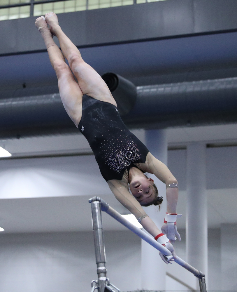 Mackenzie Vance competes on the bars during the Black and Gold intrasquad meet Saturday, December 1, 2018 at the University of Iowa Field House. (Brian Ray/hawkeyesports.com)