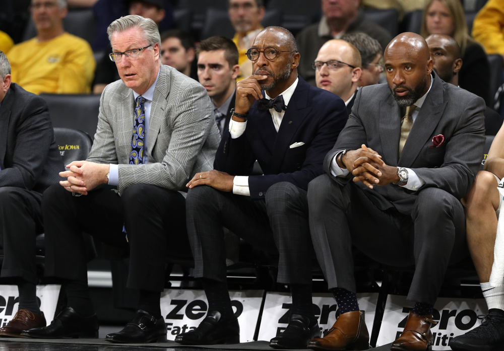 Iowa Hawkeyes head coach Fran McCaffery, assistant coach Sherman Dillard, and assistant coach Andrew Francis against UW Green Bay Sunday, November 11, 2018 at Carver-Hawkeye Arena. (Brian Ray/hawkeyesports.com)