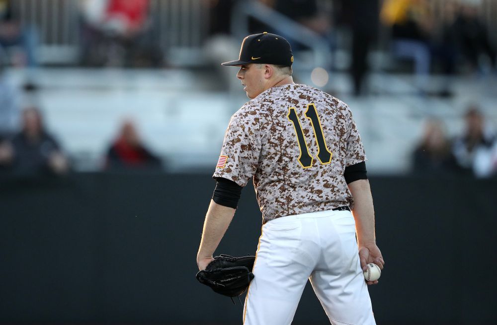 Iowa Hawkeyes Cole McDonald (11) against the Nebraska Cornhuskers on Military Appreciation Night Friday, April 19, 2019 at Duane Banks Field. (Brian Ray/hawkeyesports.com)