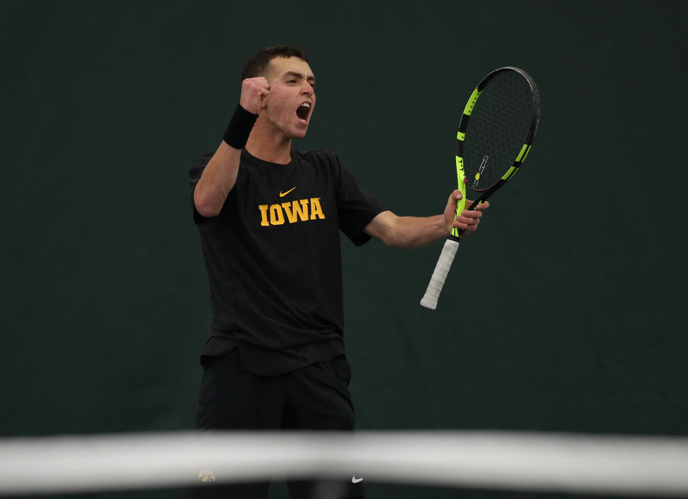 Kareem Allaf against the Miami Hurricanes Friday, February 8, 2019 at the Hawkeye Tennis and Recreation Complex. (Brian Ray/hawkeyesports.com)