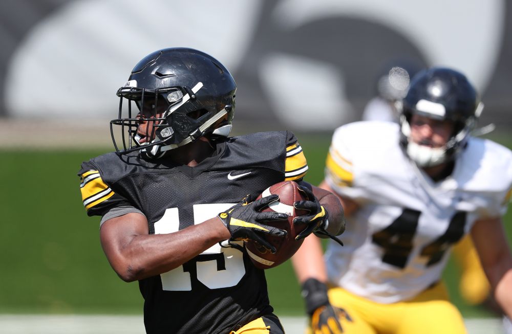 Iowa Hawkeyes running back Tyler Goodson (15) during Fall Camp Practice No. 5 Tuesday, August 6, 2019 at the Ronald D. and Margaret L. Kenyon Football Practice Facility. (Brian Ray/hawkeyesports.com)