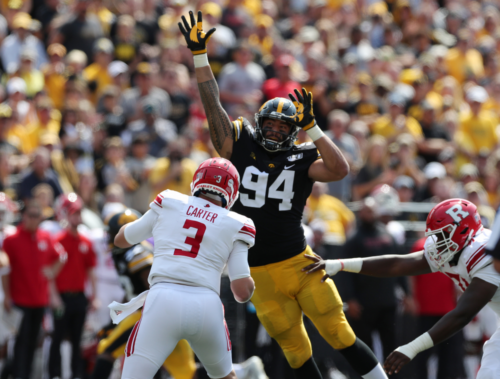 Iowa Hawkeyes defensive end A.J. Epenesa (94) against the Rutgers Scarlet Knights Saturday, September 7, 2019 at Kinnick Stadium. (Brian Ray/hawkeyesports.com)
