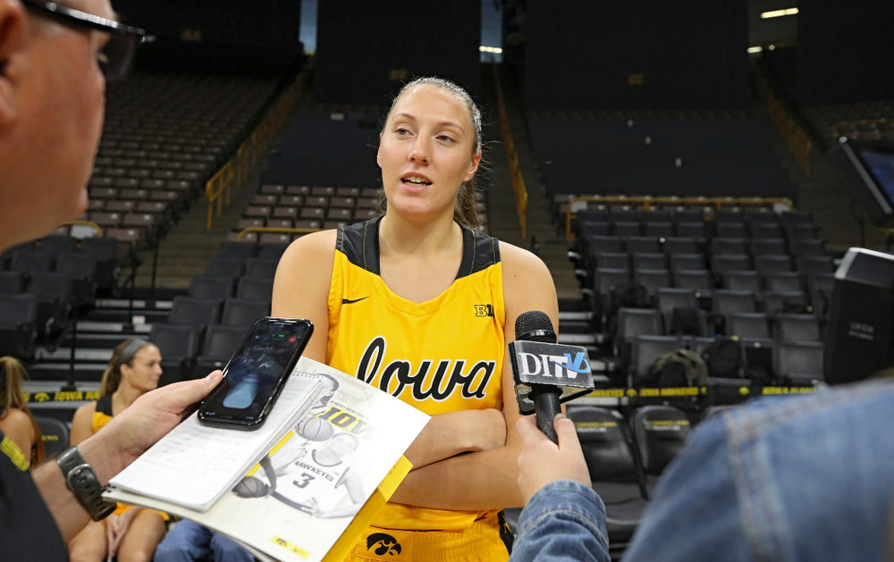 Iowa forward Amanda Ollinger (43) answers questions during Iowa Women’s Basketball Media Day at Carver-Hawkeye Arena in Iowa City on Thursday, Oct 24, 2019. (Stephen Mally/hawkeyesports.com)