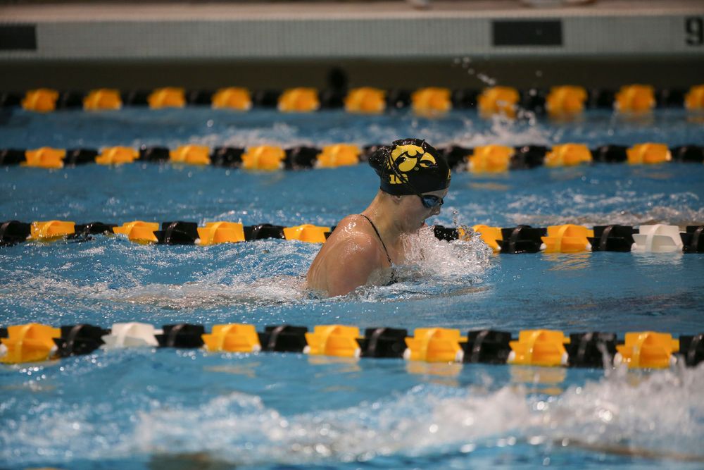 Iowa’s Christina Crane swims the 200-yard breaststroke during the Iowa swimming and diving meet vs Notre Dame and Illinois on Saturday, January 11, 2020 at the Campus Recreation and Wellness Center. (Lily Smith/hawkeyesports.com)
