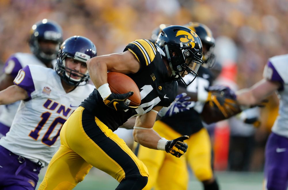 Iowa Hawkeyes wide receiver Kyle Groeneweg (14) against the Northern Iowa Panthers Saturday, September 15, 2018 at Kinnick Stadium. (Brian Ray/hawkeyesports.com)