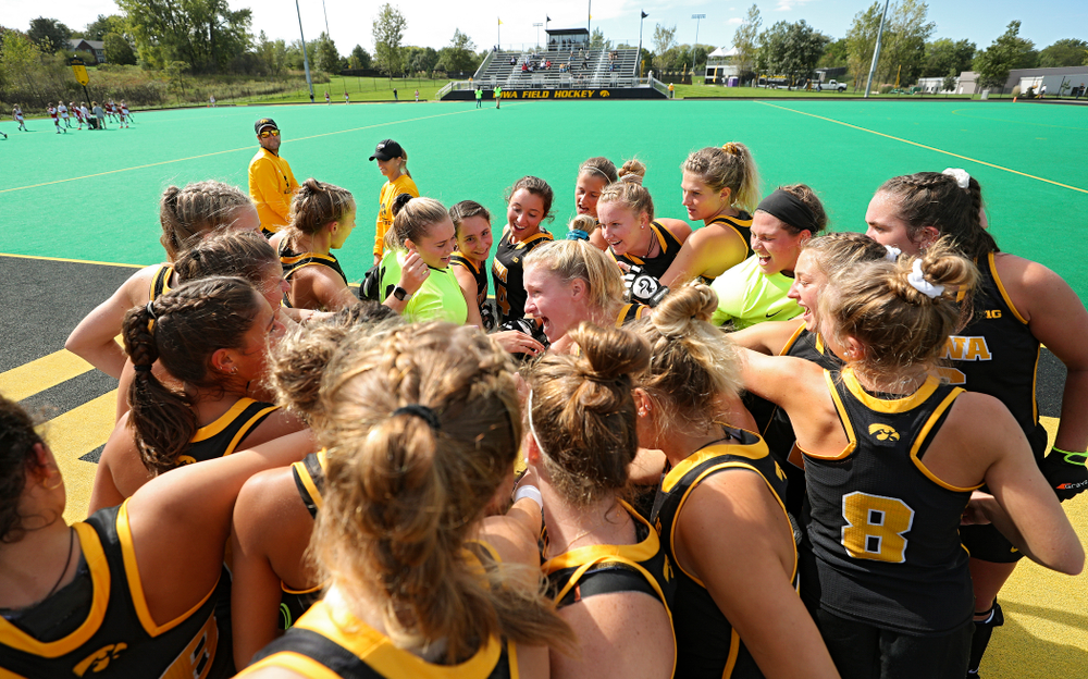 The Iowa Hawkeyes huddle before the start of their match at Grant Field in Iowa City on Friday, Oct 4, 2019. (Stephen Mally/hawkeyesports.com)