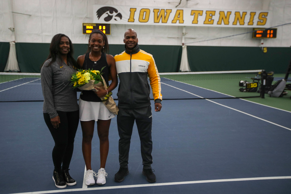 IowaÕs Adorabol Huckleby at womenÕs tennis senior day vs Nebraska on Saturday, April 13, 2019 at the Hawkeye Tennis and Recreation Complex. (Lily Smith/hawkeyesports.com)