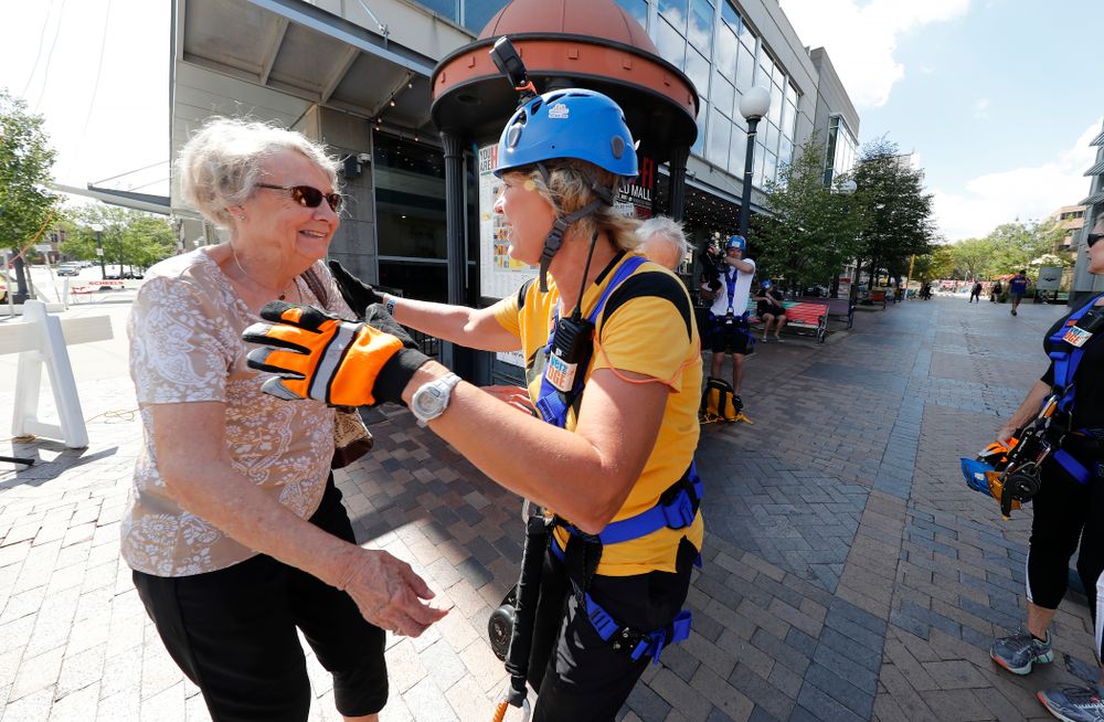 Iowa Women's Basketball head coach Lisa Bluder goes Over The Edge to benefit Ronald McDonald House Charities of Eastern Iowa and Western Illinois Friday, September 14, 2018 in downtown Iowa City.(Brian Ray/hawkeyesports.com)