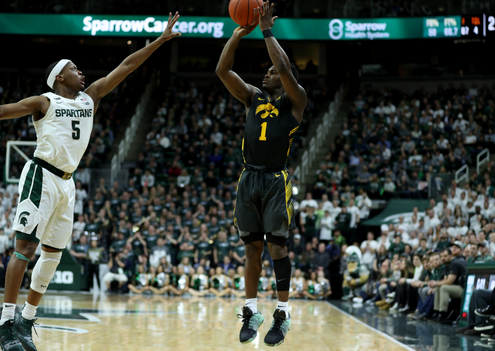 Iowa Hawkeyes guard Joe Toussaint (1) against Michigan State Tuesday, February 25, 2020 at the Breslin Center in East Lansing, MI. (Brian Ray/hawkeyesports.com)