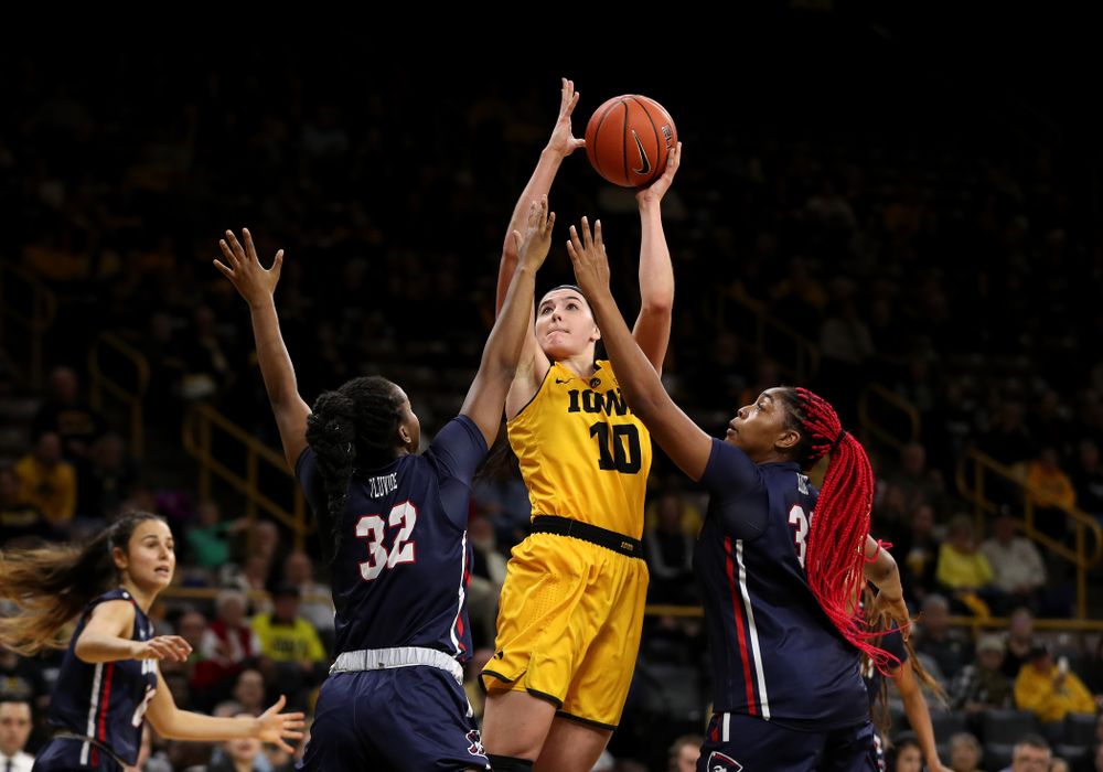 Iowa Hawkeyes forward Megan Gustafson (10) against the Robert Morris Colonials Sunday, December 2, 2018 at Carver-Hawkeye Arena. (Brian Ray/hawkeyesports.com)