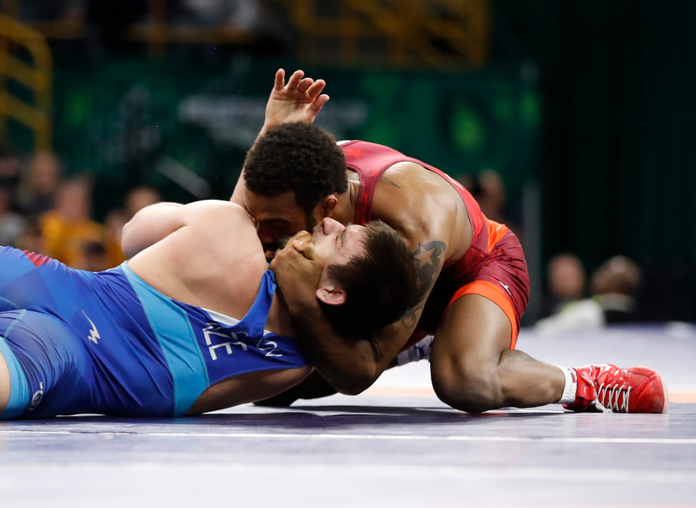 Jordan Burroughs during the gold medal match of the United World Wrestling Freestyle World Cup against Azerbaijan Sunday, April 8, 2018 at Carver-Hawkeye Arena. (Brian Ray/hawkeyesports.com)