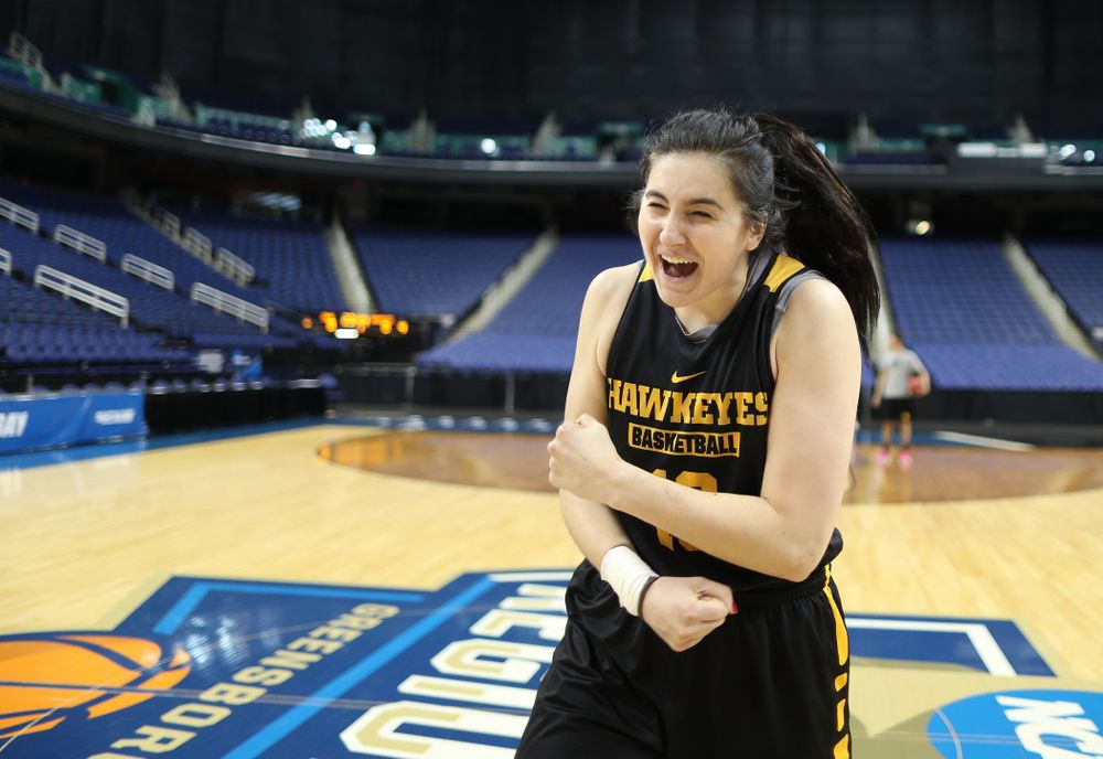 Iowa Hawkeyes forward Megan Gustafson (10) during practice and media before the regional final of the 2019 NCAA Women's College Basketball Tournament against the Baylor Bears Sunday, March 31, 2019 at Greensboro Coliseum in Greensboro, NC.(Brian Ray/hawkeyesports.com)