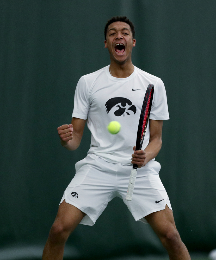 Iowa’s Oliver Okonkwo against Cornell Sunday, March 8, 2020 at the Hawkeye Tennis and Recreation Center. (Brian Ray/hawkeyesports.com)