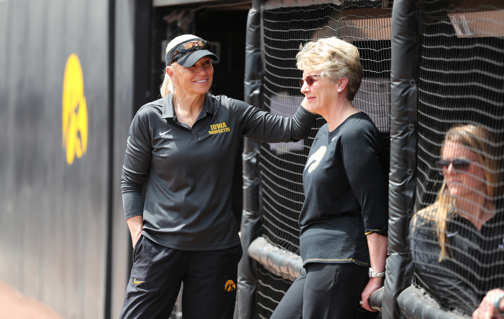 Head Coach Renee Gillispie and deputy athletics director Barbara Burke against the Ohio State Buckeyes on senior day Sunday, May 5, 2019 at Pearl Field. (Brian Ray/hawkeyesports.com)
