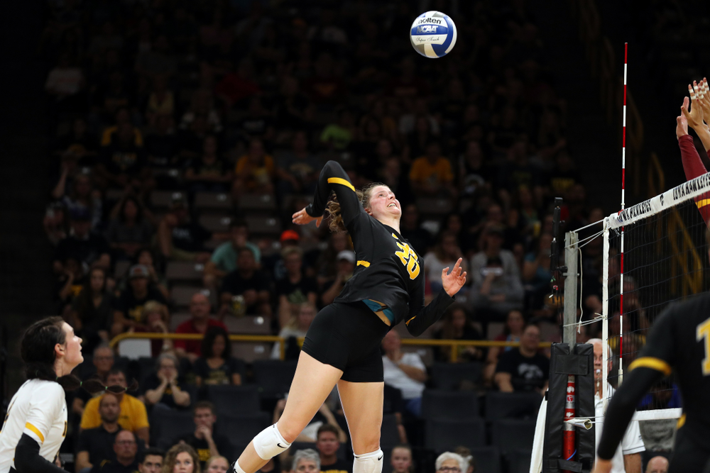 Iowa Hawkeyes outside hitter Edina Schmidt (20) against the Iowa State Cyclones Saturday, September 21, 2019 at Carver-Hawkeye Arena. (Brian Ray/hawkeyesports.com)