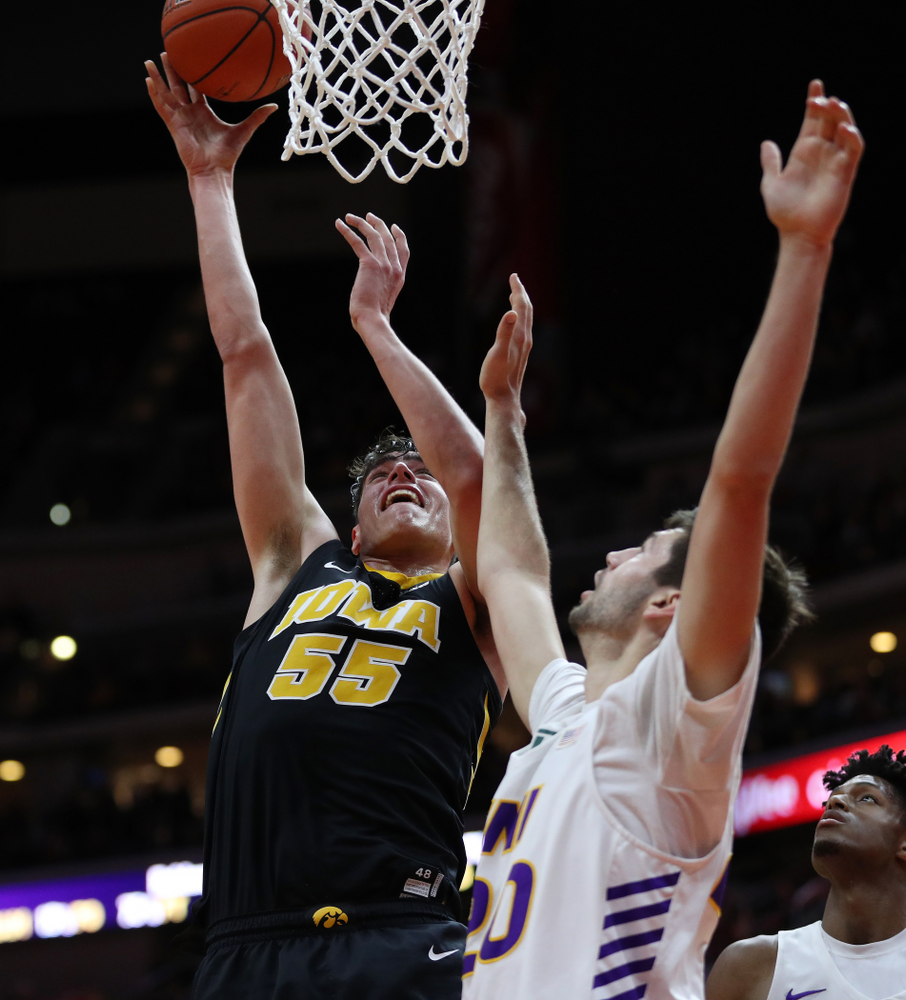 Iowa Hawkeyes forward Luka Garza (55) against the Northern Iowa Panthers in the Hy-Vee Classic Saturday, December 15, 2018 at Wells Fargo Arena in Des Moines. (Brian Ray/hawkeyesports.com)