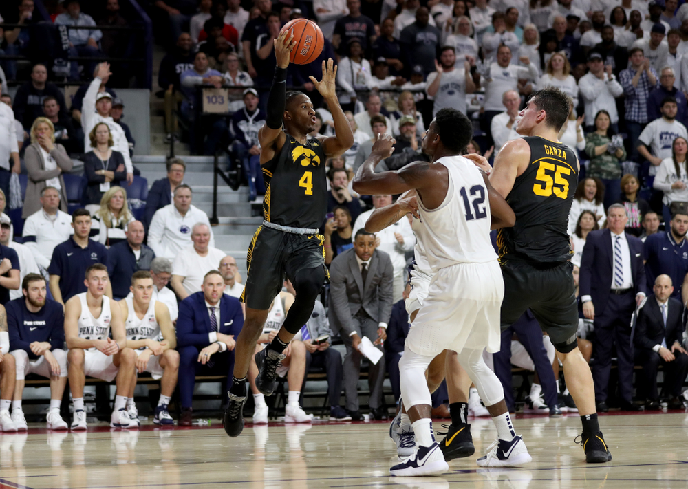 Iowa Hawkeyes guard Bakari Evelyn (4) against Penn State Saturday, January 4, 2020 at the Palestra in Philadelphia. (Brian Ray/hawkeyesports.com)