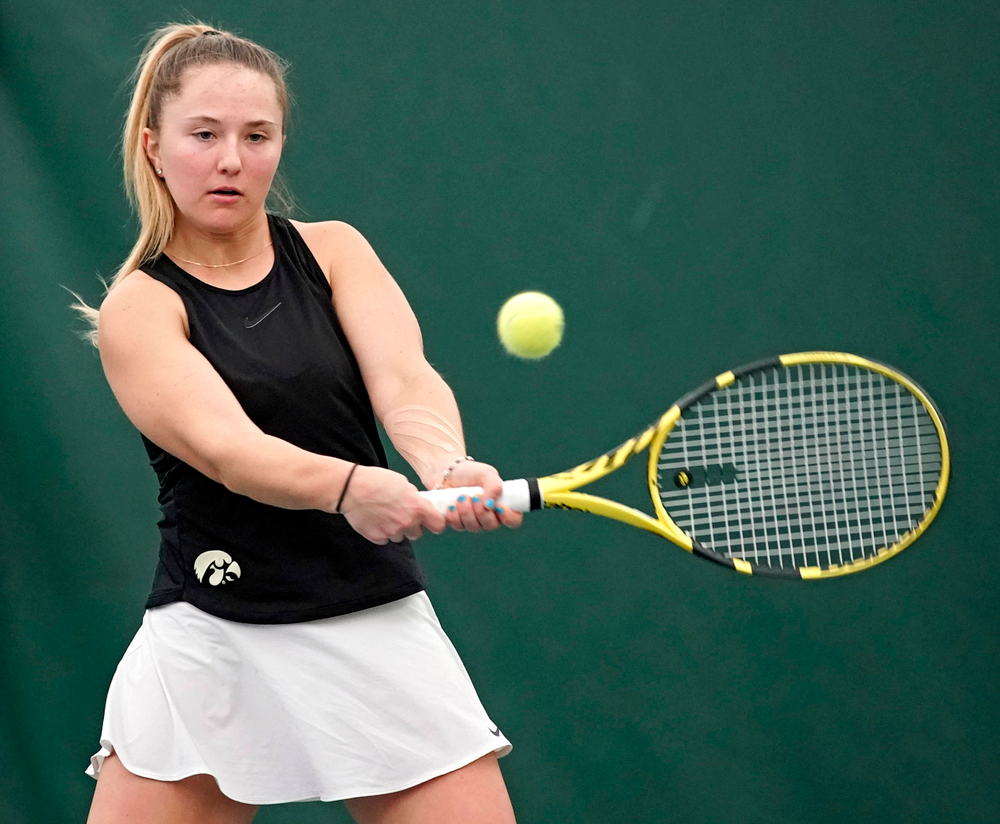 Iowa's Danielle Burich plays a match against Indiana at the Hawkeye Tennis and Recreation Complex in Iowa City on Sunday, Mar. 31, 2019. (Stephen Mally/hawkeyesports.com)