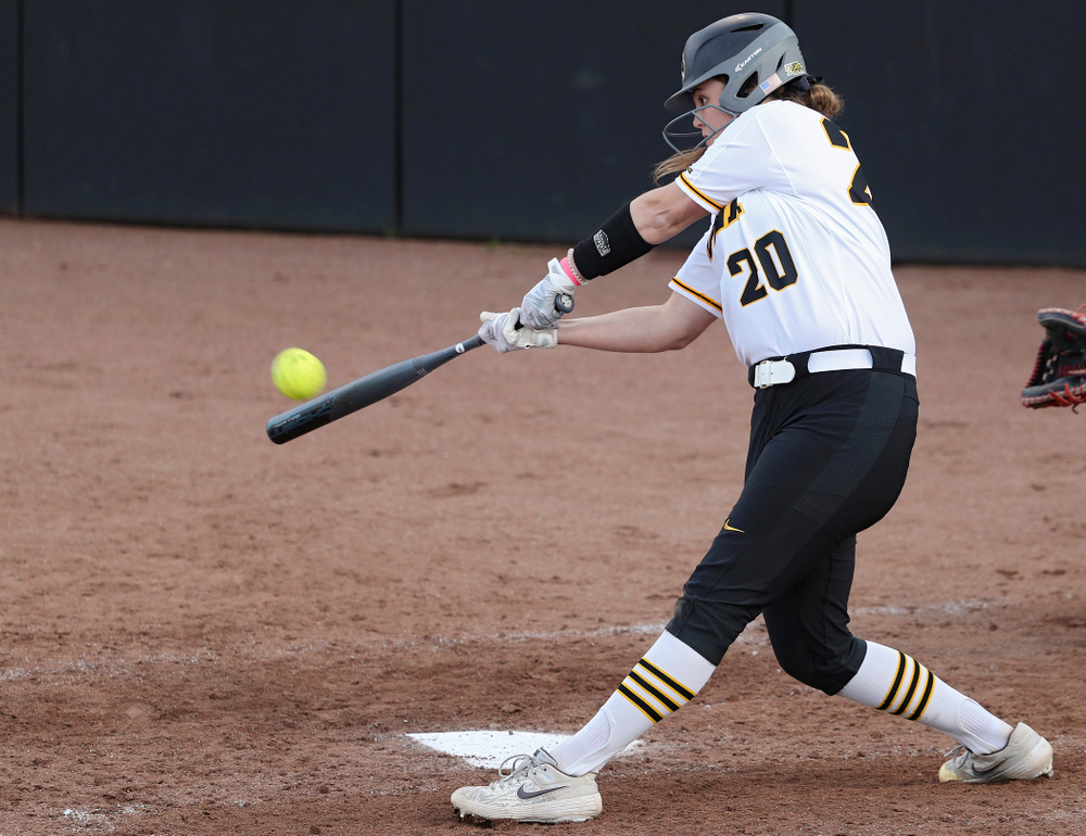 Iowa designated player Miranda Schulte (20) hits a home run during the sixth inning of their game against Ohio State at Pearl Field in Iowa City on Friday, May. 3, 2019. (Stephen Mally/hawkeyesports.com)