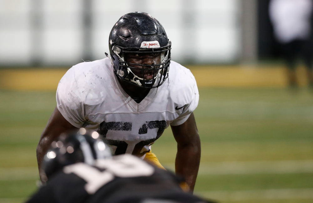 Iowa Hawkeyes linebacker Amani Jones (52) during spring practice No. 13 Wednesday, April 18, 2018 at the Hansen Football Performance Center. (Brian Ray/hawkeyesports.com)