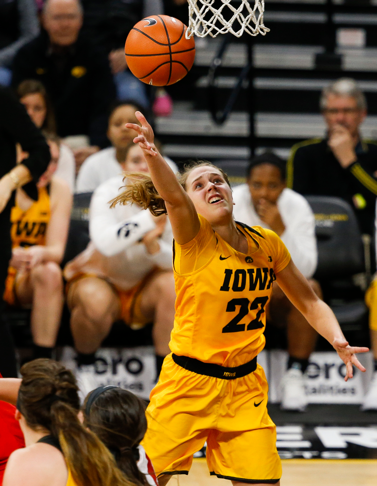 Iowa Hawkeyes guard Kathleen Doyle (22) goes up for a layup during a game against the Ohio State Buckeyes at Carver-Hawkeye Arena on January 25, 2018. (Tork Mason/hawkeyesports.com)