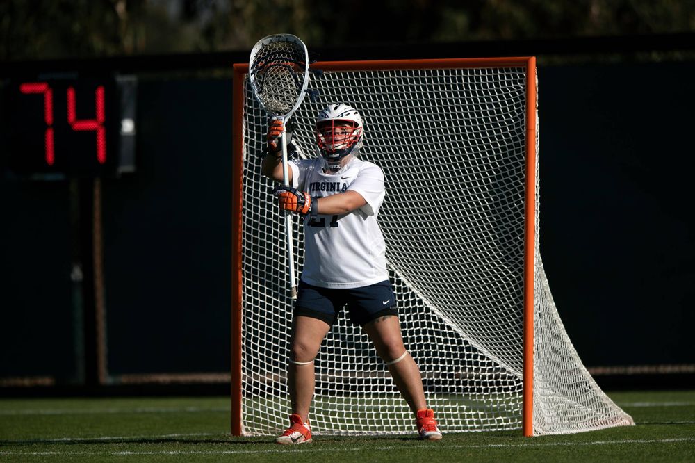 STANFORD, California - FEBRUARY 14: Virginia Cavaliers goalkeeper Charlie Campbell (27) stands in goal against the Stanford Cardinal during the first half at Cagan Stadium on February 14, 2020 in Stanford, California. The Virginia Cavaliers defeated the Stanford Cardinal 12-11. (Photo by Jason O. Watson)