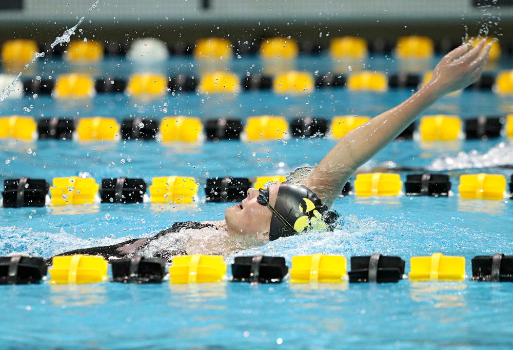 Iowa’s Sarah Schemmel swims the backstroke section of the 100-yard individual medley event during their meet against Michigan State at the Campus Recreation and Wellness Center in Iowa City on Thursday, Oct 3, 2019. (Stephen Mally/hawkeyesports.com)