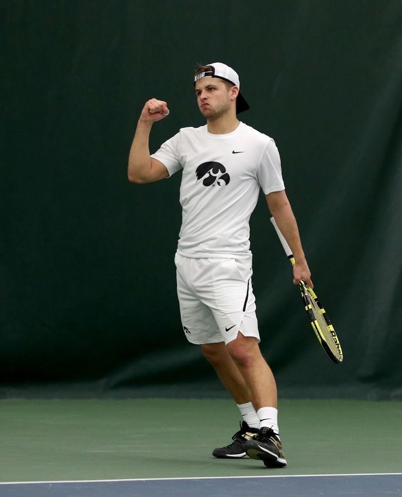Iowa’s Will Davies against Cornell Sunday, March 8, 2020 at the Hawkeye Tennis and Recreation Center. (Brian Ray/hawkeyesports.com)