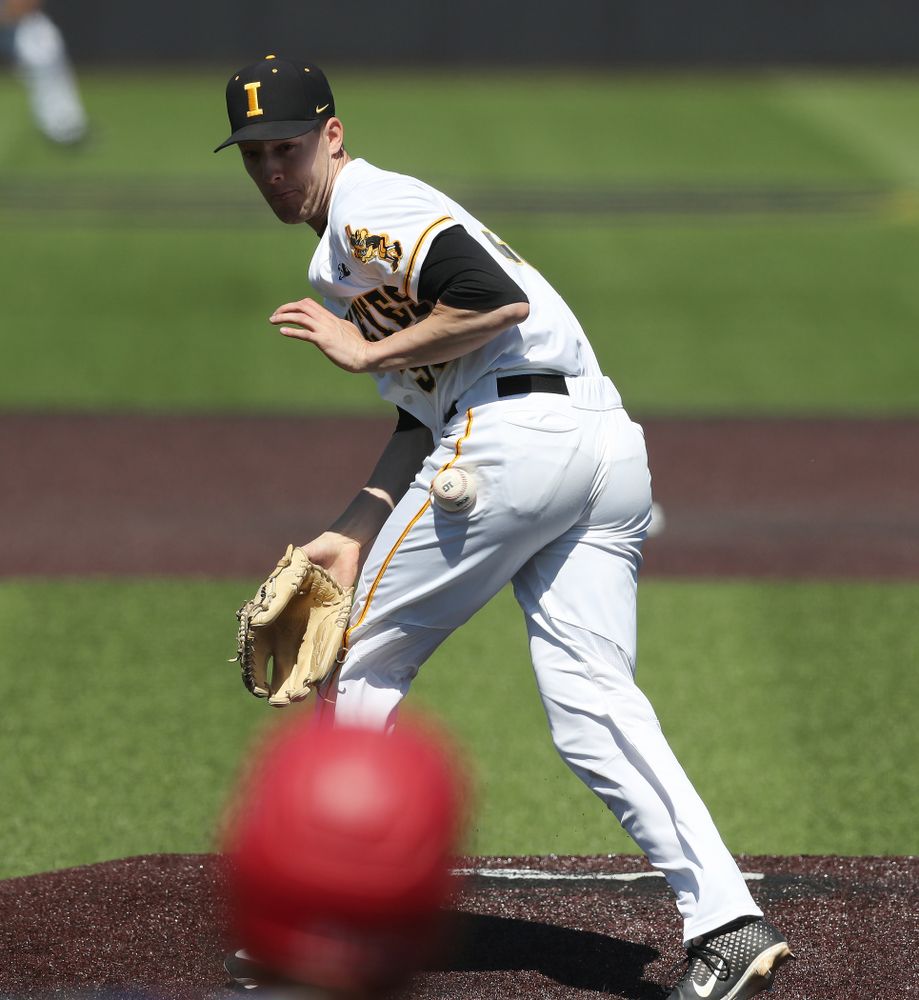 Iowa Hawkeyes Cam Baumann (35) gets hit by a ball on the mound against the Nebraska Cornhuskers Saturday, April 20, 2019 at Duane Banks Field. (Brian Ray/hawkeyesports.com)