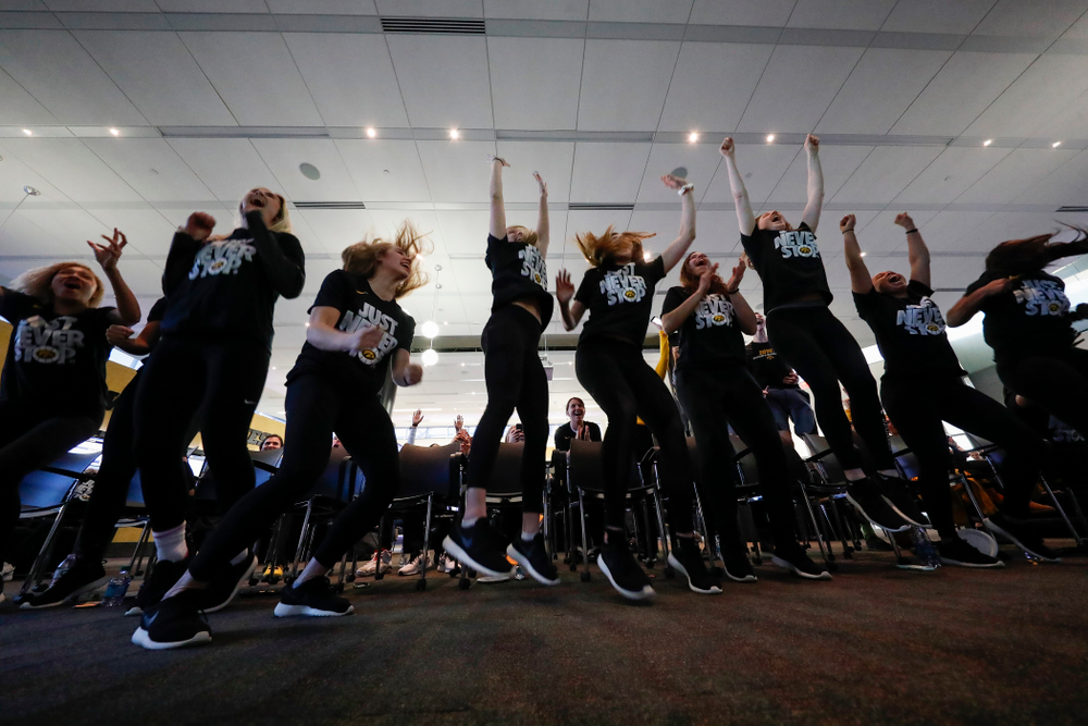 The Iowa Hawkeyes celebrate after finding out their seed in the 2018 NCAA Women's Basketball Tournament