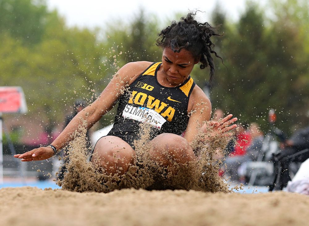 Iowa's Tria Simmons jumps in the women’s long jump in the heptathlon event on the second day of the Big Ten Outdoor Track and Field Championships at Francis X. Cretzmeyer Track in Iowa City on Saturday, May. 11, 2019. (Stephen Mally/hawkeyesports.com)