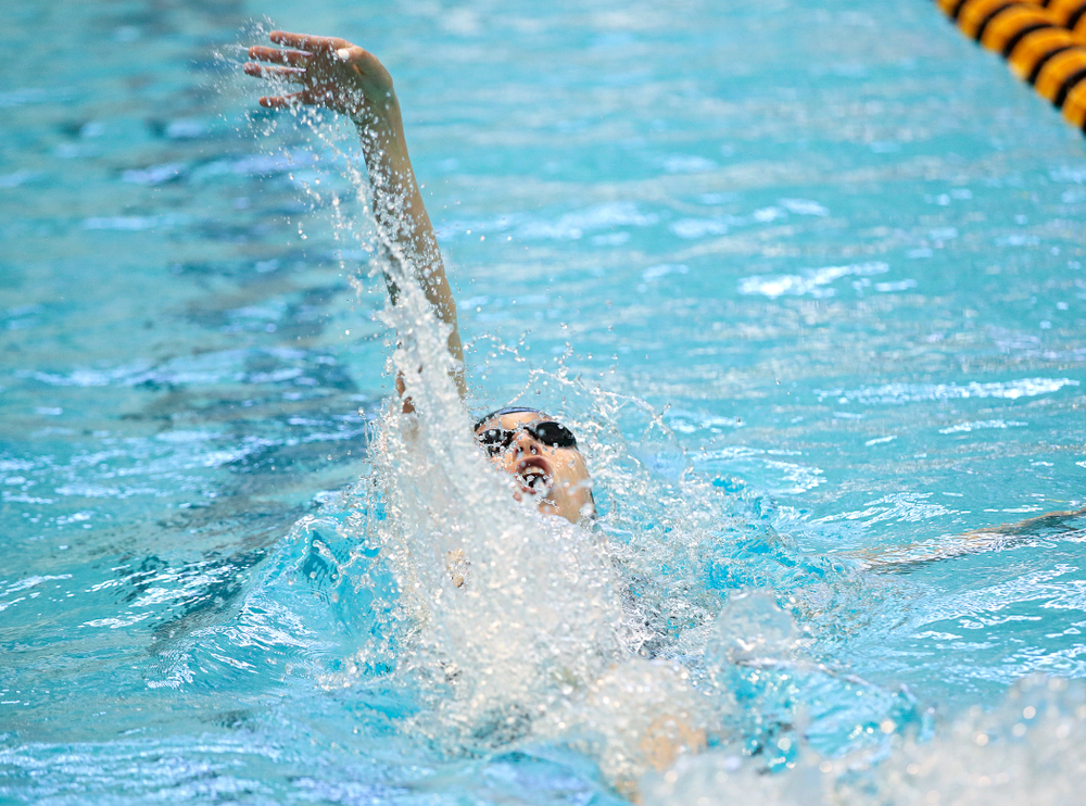 Iowa’s Samantha Sauer swims the women’s 100 yard backstroke preliminary event during the 2020 Women’s Big Ten Swimming and Diving Championships at the Campus Recreation and Wellness Center in Iowa City on Friday, February 21, 2020. (Stephen Mally/hawkeyesports.com)