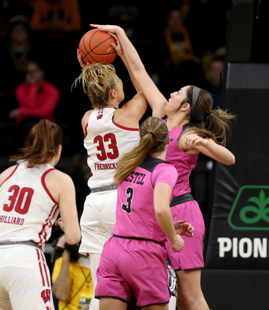 Iowa Hawkeyes forward McKenna Warnock (14) against the Wisconsin Badgers Sunday, February 16, 2020 at Carver-Hawkeye Arena. (Brian Ray/hawkeyesports.com)